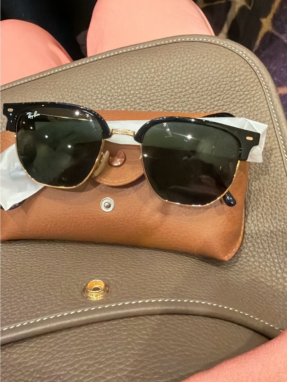 Ray-Ban Black & Gold Clubmaster Unisex Sunglasses with Green Lenses NWT